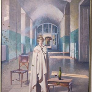 Format: 130×97 cm – Cena: 649.000 din – Ulje na platnu Slika Vase Dolovačkog „Dama sa dijademom“, rađena tehnikom ulje na platnu, 2024. godine, format 130×97 cm, cena 649.000 dinara.