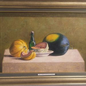 Format: 45×65 cm – Cena: 153.400 din – Ulje na platnu Slika Vase Dolovačkog „Dinje i lubenica“, rađena tehnikom ulje na platnu, 2024. godine, format 45×65 cm, cena 153.400 dinara.