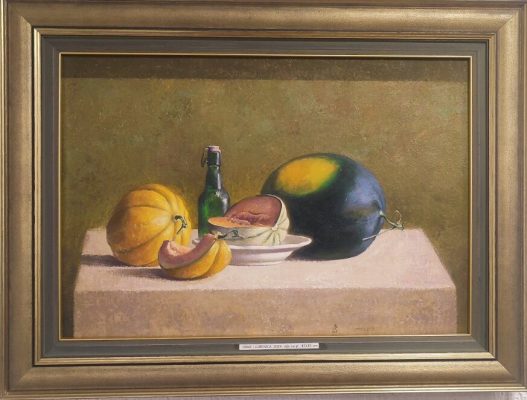 Format: 45×65 cm – Cena: 153.400 din – Ulje na platnu Slika Vase Dolovačkog „Dinje i lubenica“, rađena tehnikom ulje na platnu, 2024. godine, format 45×65 cm, cena 153.400 dinara.