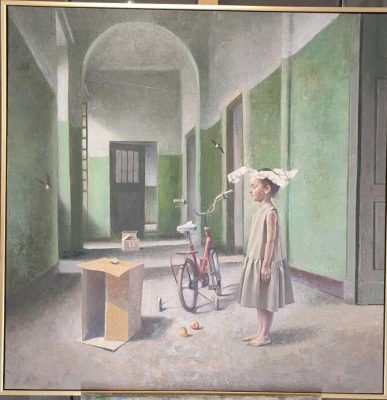 Format: 100×100 cm – Cena: 472.000 din – Ulje na platnu Slika Vase Dolovačkog „Iščekivanje“, rađena tehnikom ulje na platnu, 2022. godine, format 100×100 cm, cena 472.000 dinara.