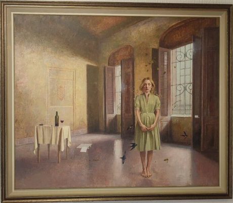 Format: 130×97 cm – Cena: 649.000 din – Ulje na platnu Slika Vase Dolovačkog „Izgubljeni sonet“, rađena tehnikom ulje na platnu, 2023. godine, format 130×97 cm, cena 649.000 dinara.