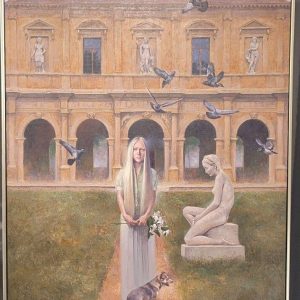 Format: 120×100 cm – Cena: 649.000 din – Ulje na platnu Slika Vase Dolovačkog „Jato u mom vrtu“, rađena tehnikom ulje na platnu, 2023. godine, format 120×100 cm, cena 649.000 dinara.