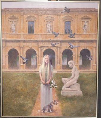 Format: 120×100 cm – Cena: 649.000 din – Ulje na platnu Slika Vase Dolovačkog „Jato u mom vrtu“, rađena tehnikom ulje na platnu, 2023. godine, format 120×100 cm, cena 649.000 dinara.