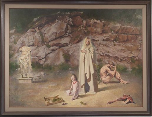 Format: 97×230 cm – Cena: 708.000 din – Ulje na platnu Slika Vase Dolovačkog „Tamo gde počinje stvarnost“, ulje na platnu, 2016, format 97×230 cm, cena 708.000 dinara.