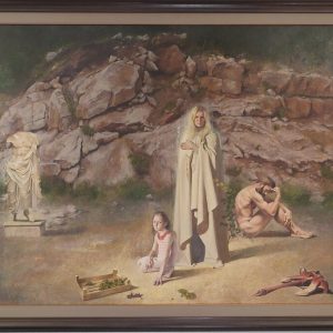 Format: 97×230 cm – Cena: 708.000 din – Ulje na platnu Slika Vase Dolovačkog „Tamo gde počinje stvarnost“, ulje na platnu, 2016, format 97×230 cm, cena 708.000 dinara.