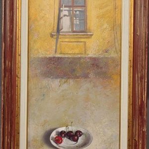 Format: 35×80 cm – Cena: 153.400 din – Ulje na platnu Umetnička slika Vase Dolovačkog „Trešnje“, ulje na platnu, 2024, format 35×80 cm, cena 153.400 dinara.