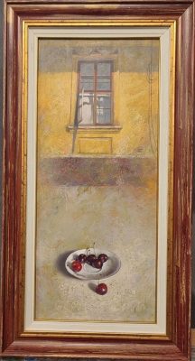 Format: 35×80 cm – Cena: 153.400 din – Ulje na platnu Umetnička slika Vase Dolovačkog „Trešnje“, ulje na platnu, 2024, format 35×80 cm, cena 153.400 dinara.