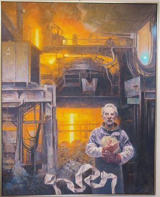 Format: 162×130 cm – Cena: 1.003.000 din – Ulje na platnu Umetnička slika Vase Dolovačkog „Ukrotitelj“, ulje na platnu, 2024, format 162×130 cm, cena 1.003.000 dinara.