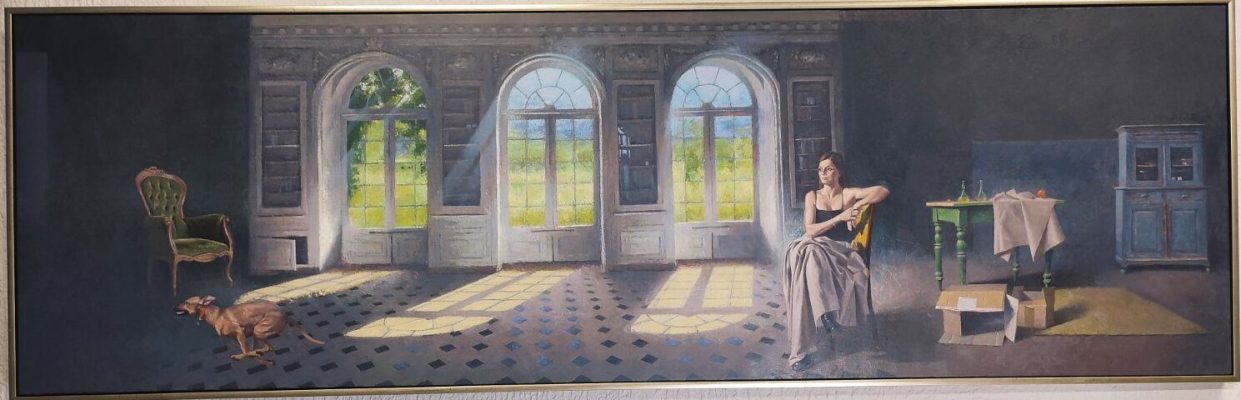 Format: 195×60 cm – Cena: 590.000 din – Ulje na platnu Umetnička slika Vase Dolovačkog „Veliki enterijer“, ulje na platnu, 2024, format 195×60 cm, cena 590.000 dinara.