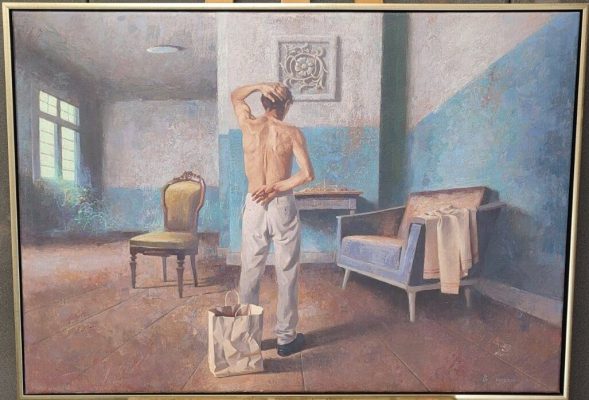 Format: 70×100 cm – Cena: 354.000 din – Ulje na platnu Umetnička slika Vase Dolovačkog „Vreme teskobe“, ulje na platnu, 2023, format 70×100 cm, cena 354.000 dinara.