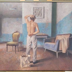 Format: 70×100 cm – Cena: 354.000 din – Ulje na platnu Umetnička slika Vase Dolovačkog „Vreme teskobe“, ulje na platnu, 2023, format 70×100 cm, cena 354.000 dinara.